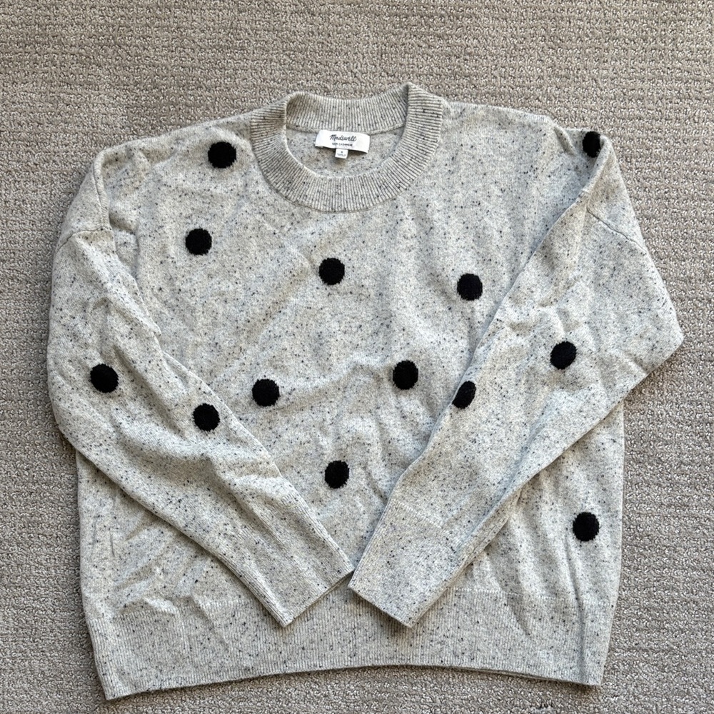 Madewell Cashmere Gray Sweater with Black Polka Dots